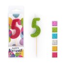 BIRTHDAY FUN Zahlenkerze Glitter Mini 5, 6-fach sortiert